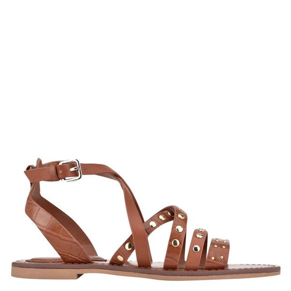 Nine West Cane Studded Brown Flat Sandals | South Africa 44U76-4U87